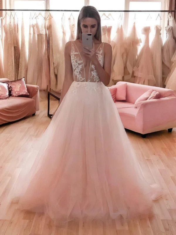 Tulle V-neck A-line Sweep Train Appliques Lace Wedding Dresses #UKM00024142