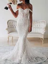 Trumpet/Mermaid Off-the-shoulder Tulle Sweep Train Wedding Dresses With Appliques Lace #UKM00024145