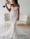 Trumpet/Mermaid Off-the-shoulder Tulle Sweep Train Wedding Dresses With Appliques Lace #UKM00024145