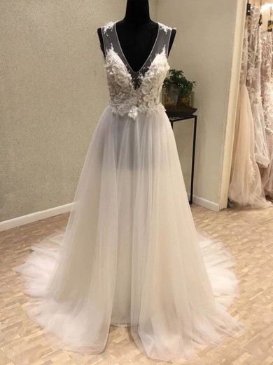 Tulle V-neck A-line Sweep Train Flower(s) Wedding Dresses #UKM00024147