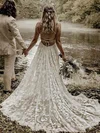 A-line V-neck Lace Court Train Wedding Dresses #UKM00024149