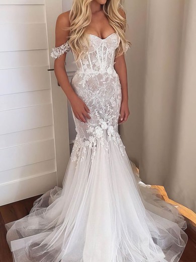 Trumpet/Mermaid Off-the-shoulder Tulle Sweep Train Wedding Dresses With Appliques Lace #UKM00024151