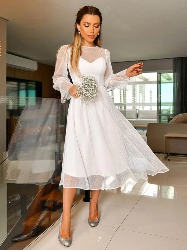 Tulle Scoop Neck A-line Tea-length Wedding Dresses #UKM00024152