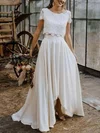 A-line Scoop Neck Lace Silk-like Satin Sweep Train Wedding Dresses #UKM00024153