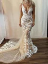 Trumpet/Mermaid V-neck Tulle Sweep Train Wedding Dresses With Appliques Lace #UKM00024156