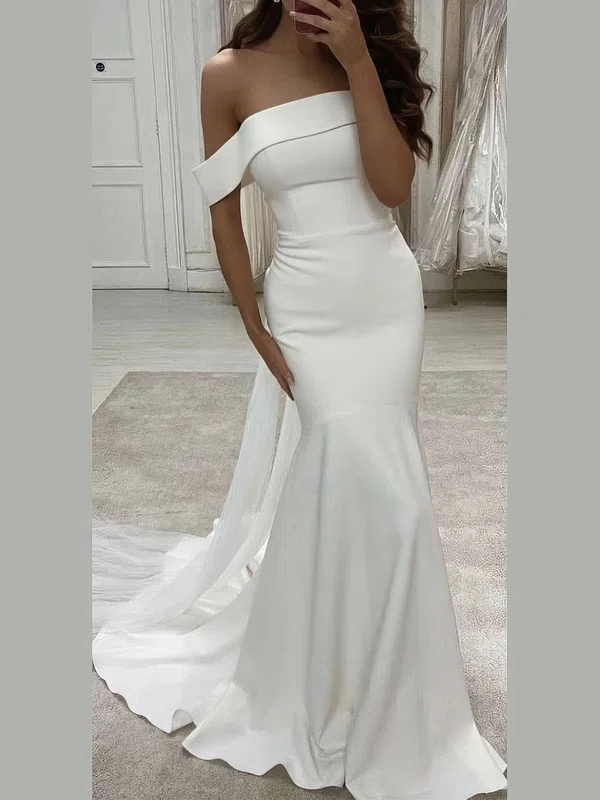 Silk-like Satin Off-the-shoulder Trumpet/Mermaid Sweep Train Wedding Dresses #UKM00024161