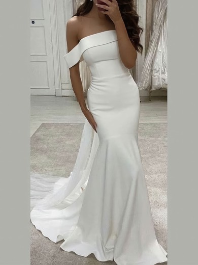 Silk-like Satin Off-the-shoulder Trumpet/Mermaid Sweep Train Wedding Dresses #UKM00024161