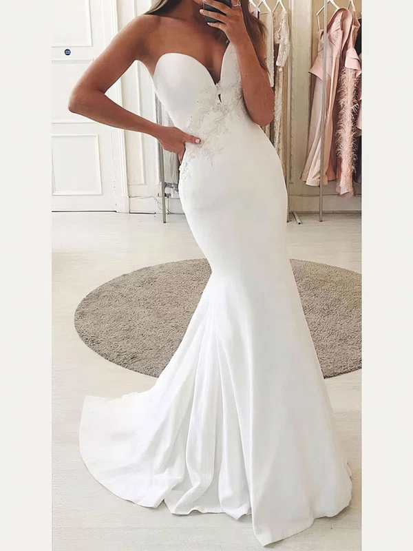 Silk-like Satin V-neck Trumpet/Mermaid Sweep Train Appliques Lace Wedding Dresses #UKM00024162