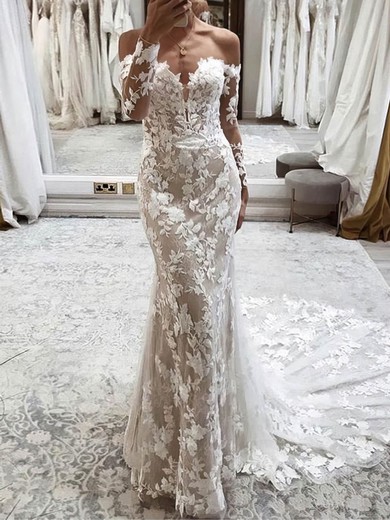 Trumpet/Mermaid Off-the-shoulder Lace Sweep Train Wedding Dresses With Appliques Lace #UKM00024167