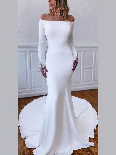 Trumpet/Mermaid Off-the-shoulder Stretch Crepe Sweep Train Wedding Dresses With Appliques Lace #UKM00024169
