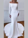 Trumpet/Mermaid Off-the-shoulder Stretch Crepe Sweep Train Wedding Dresses With Appliques Lace #UKM00024169