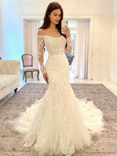 Trumpet/Mermaid Off-the-shoulder Tulle Sweep Train Wedding Dresses With Appliques Lace #UKM00024170