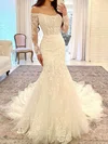 Trumpet/Mermaid Off-the-shoulder Tulle Sweep Train Wedding Dresses With Appliques Lace #UKM00024170