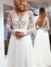 Chiffon V-neck A-line Sweep Train Appliques Lace Wedding Dresses #UKM00024175