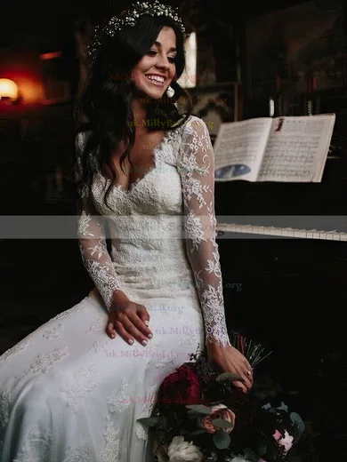 Long sleeve lace top sheath wedding dress