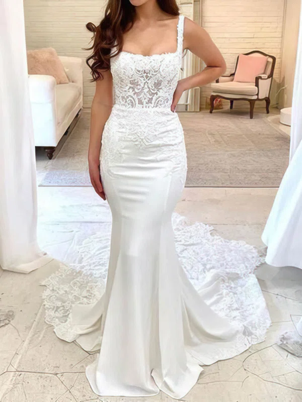 Trumpet/Mermaid Square Neckline Silk-like Satin Sweep Train Wedding Dresses With Appliques Lace #UKM00024182