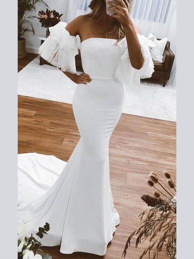 Trumpet/Mermaid Straight Stretch Crepe Sweep Train Wedding Dresses With Appliques Lace #UKM00024183