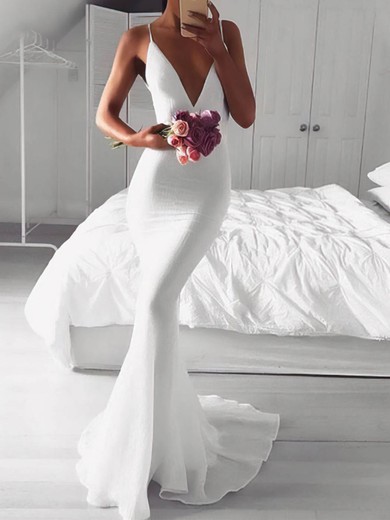 Trumpet/Mermaid V-neck Chiffon Sweep Train Wedding Dresses #UKM00024184