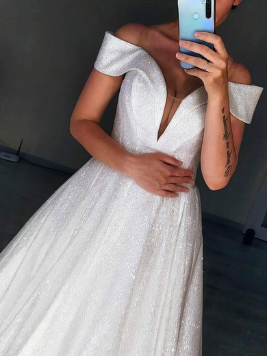 Glitter Off-the-shoulder A-line Sweep Train Wedding Dresses #UKM00024185