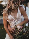 Tulle V-neck A-line Sweep Train Appliques Lace Wedding Dresses #UKM00024191