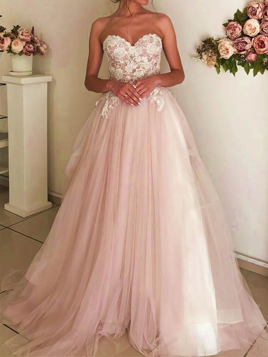 Ball Gown Sweetheart Tulle Sweep Train Wedding Dresses With Appliques Lace #UKM00024193