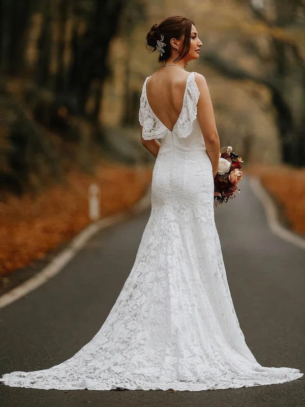 Trumpet/Mermaid Sweetheart Lace Sweep Train Wedding Dresses With Cascading Ruffles #UKM00024194