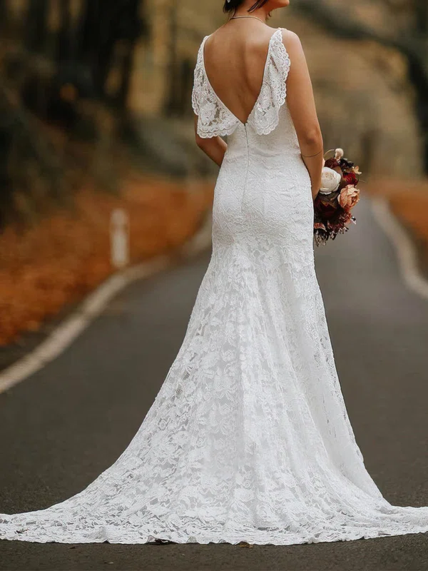 Trumpet/Mermaid Sweetheart Lace Sweep Train Wedding Dresses With Cascading Ruffles #UKM00024194