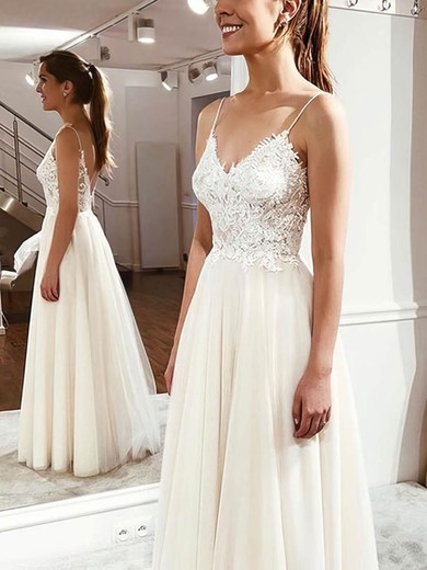 Tulle V-neck A-line Floor-length Appliques Lace Wedding Dresses #UKM00024198