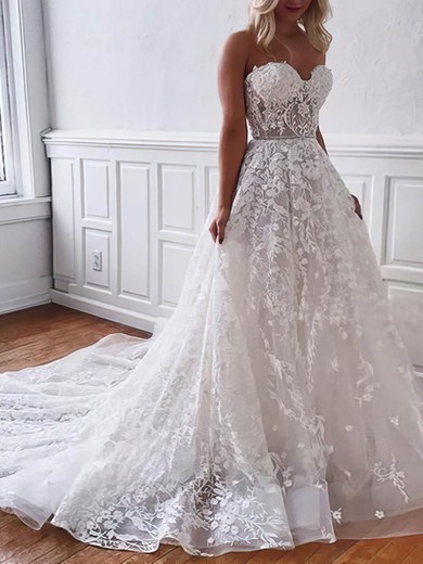 Ball Gown Sweetheart Tulle Court Train Wedding Dresses With Appliques Lace #UKM00024201