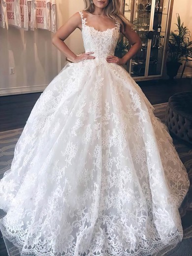 Tulle Square Neckline Ball Gown Sweep Train Appliques Lace Wedding Dresses #UKM00024209