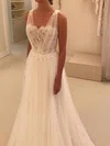 Ball Gown V-neck Tulle Sweep Train Wedding Dresses With Appliques Lace #UKM00024212