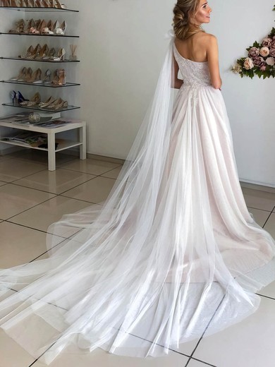 Tulle One Shoulder A-line Sweep Train Appliques Lace Wedding Dresses #UKM00024217