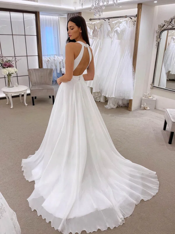 A-line V-neck Chiffon Sweep Train Wedding Dresses With Appliques Lace #UKM00024218