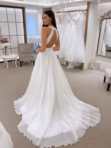 Chiffon V-neck A-line Sweep Train Appliques Lace Wedding Dresses #UKM00024218