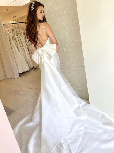 Silk-like Satin V-neck A-line Court Train Bow Wedding Dresses #UKM00024220