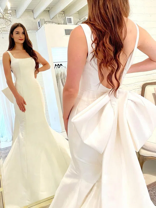 Trumpet/Mermaid Square Neckline Satin Sweep Train Wedding Dresses With Bow #UKM00024221