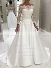 Satin Off-the-shoulder A-line Sweep Train Appliques Lace Wedding Dresses #UKM00024222