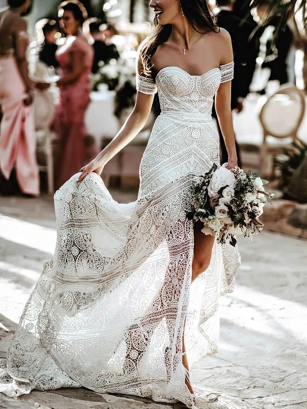 Lace Off-the-shoulder Trumpet/Mermaid Sweep Train Split Front Wedding Dresses #UKM00024224