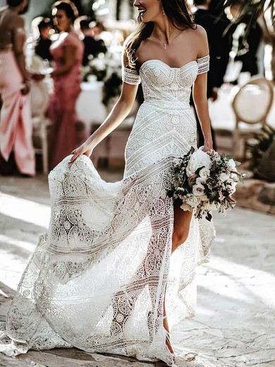 Sheath/Column Sweetheart Lace Sweep Train Wedding Dresses With Split Front #UKM00024224