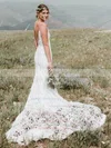 Lace V-neck Trumpet/Mermaid Sweep Train Sashes / Ribbons Wedding Dresses #UKM00024225
