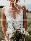 Lace V-neck Trumpet/Mermaid Sweep Train Sashes / Ribbons Wedding Dresses #UKM00024225