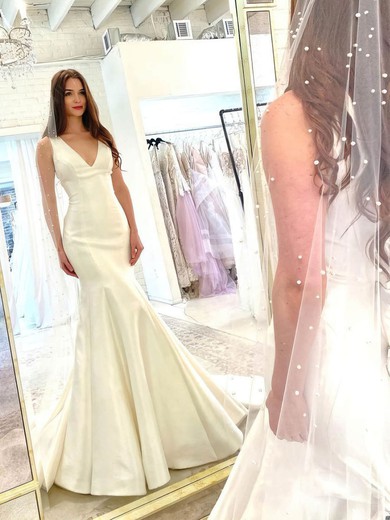 Trumpet/Mermaid V-neck Satin Sweep Train Wedding Dresses #UKM00024227