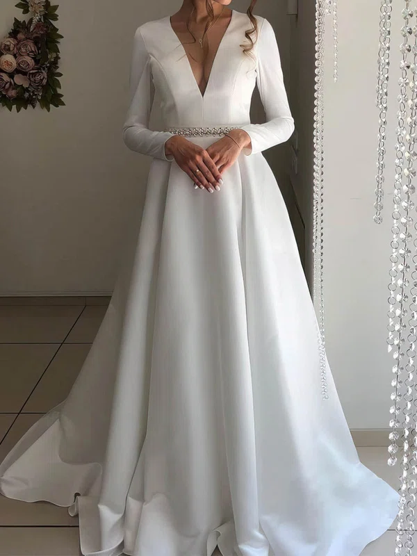 Ball Gown/Princess V-neck Satin Court Train Wedding Dresses With Pockets #UKM00024228