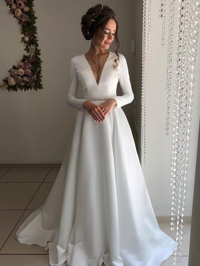 Satin V-neck A-line Court Train Beading Wedding Dresses #UKM00024228