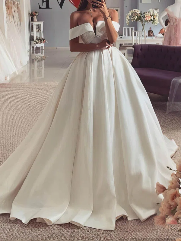 Ball Gown/Princess Off-the-shoulder Satin Sweep Train Wedding Dresses #UKM00024236