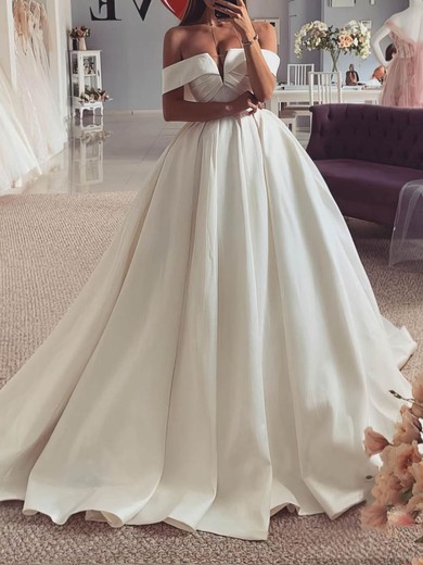 Ball Gown/Princess Off-the-shoulder Satin Sweep Train Wedding Dresses #UKM00024236