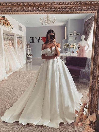 Ball Gown Off-the-shoulder Satin Sweep Train Wedding Dresses #UKM00024236