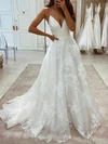 Tulle V-neck A-line Sweep Train Appliques Lace Wedding Dresses #UKM00024239