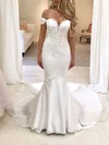 Trumpet/Mermaid Off-the-shoulder Satin Sweep Train Wedding Dresses With Appliques Lace #UKM00024242