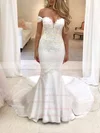 Silk-like Satin Off-the-shoulder Trumpet/Mermaid Sweep Train Appliques Lace Wedding Dresses #UKM00024242